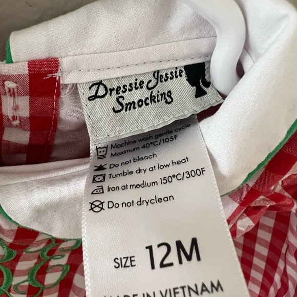 Dressie Jessie Smocking Baby Girl Christmas Dress 12M Red Gingham Monogram EUC - Picture 3 of 6
